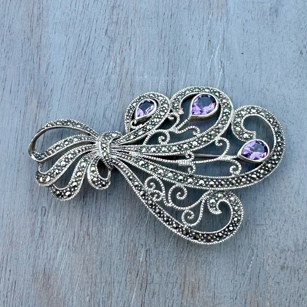 Vintage Sterling Silver & Amethyst Brooch - Picture 3 of 12